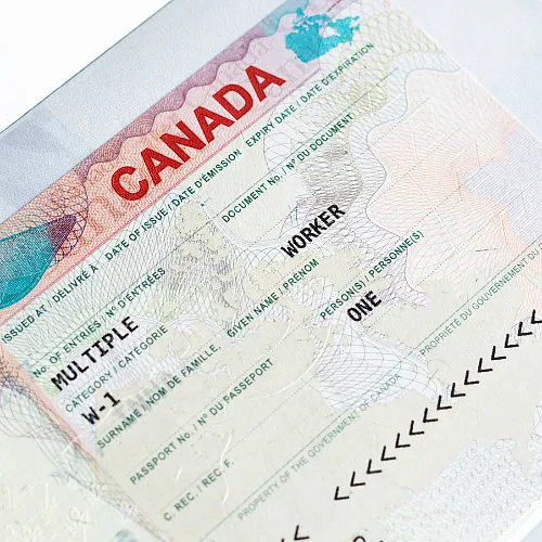 A Canadian work visa positioned on a white background, showcasing its features and official markings clearly.