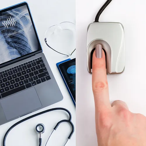 A finger gently touches a pulse meter with a laptop beside a stethoscope, symbolizing medical exam and biometrics.