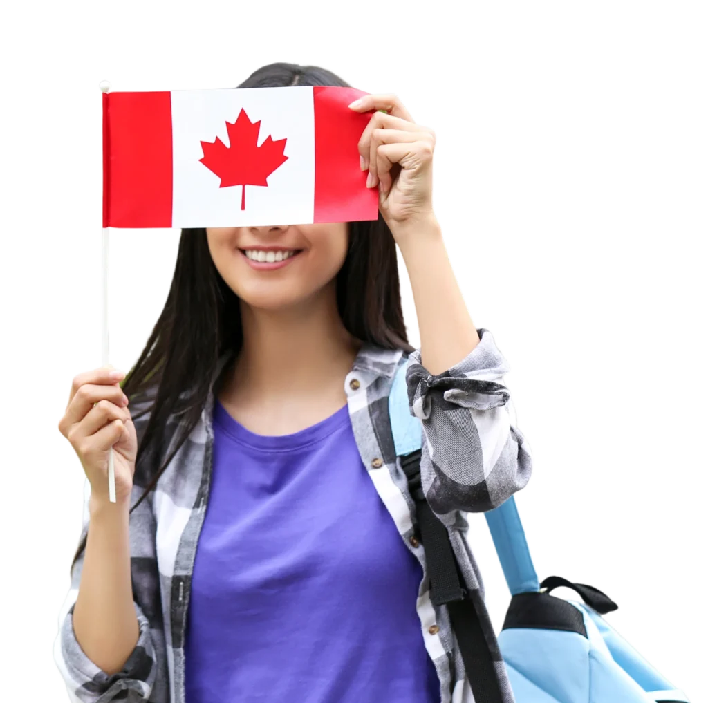 Smiling woman holds a Canadian flag covering her eyes, wearing a purple shirt and plaid shirt, with a blue backpack. The tone is cheerful and playful.